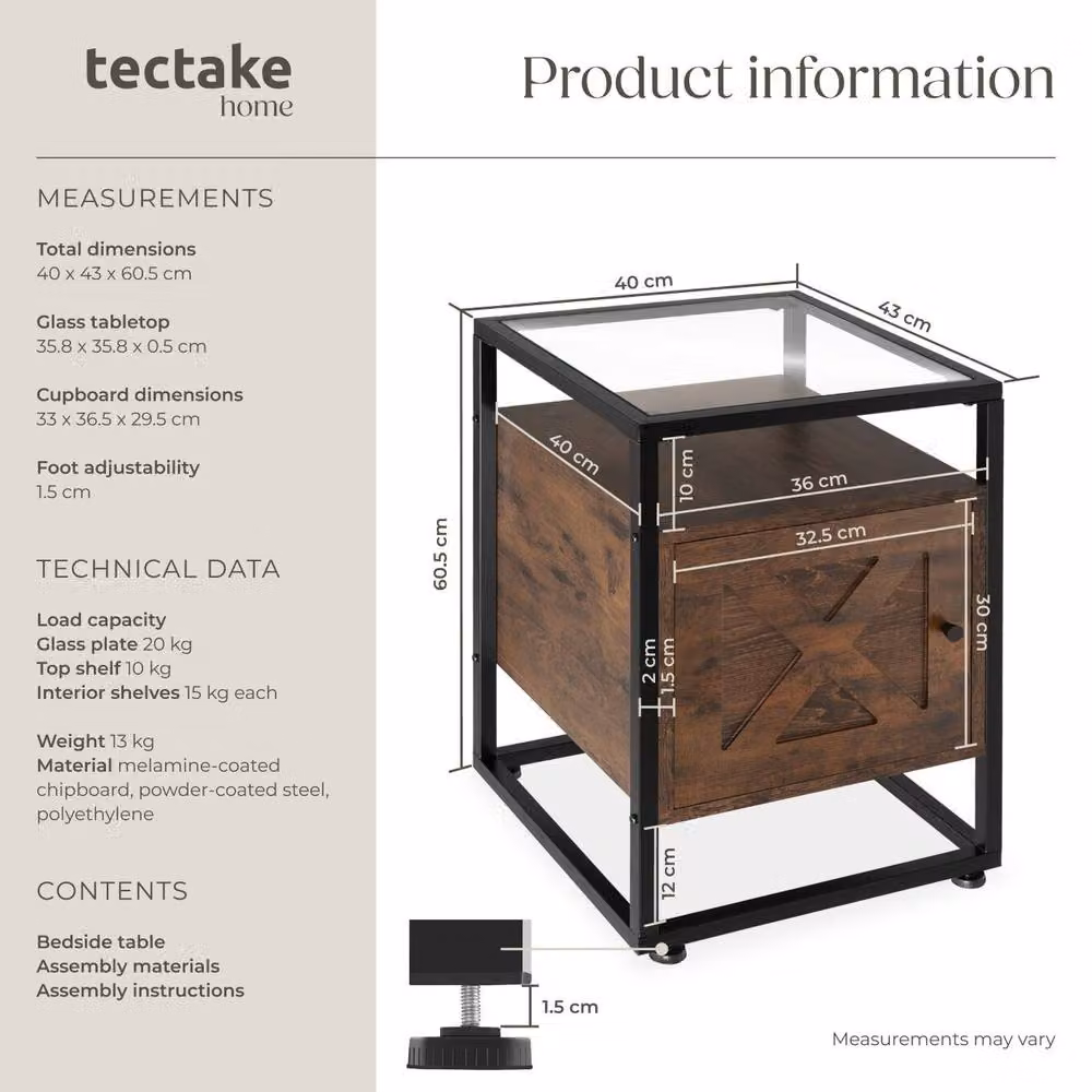 tectake Kidderminster Bedside Table with Shelf and Cupboard in Brown, W/D/H: 40 x 43 x 60.5 cm – 6