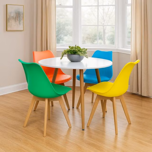 Kosy Koala Round Wood Dining Table Set with 4 Colourful Tulip Chairs in Orange, Yellow, Blue and Green – 1