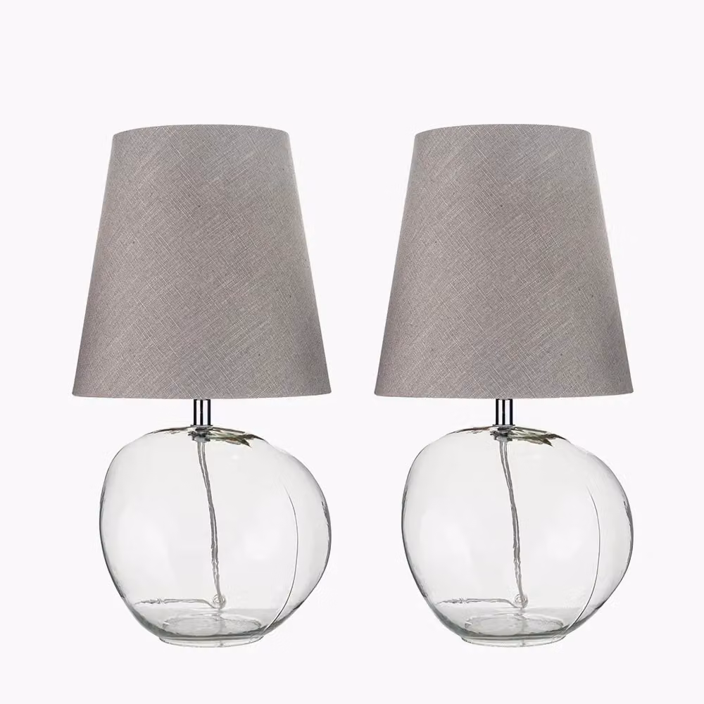 Ruma Set of 2 Hallie Table Lamps with Transparent Glass Bases and Grey Shades – 2