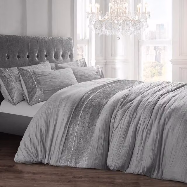 Velosso Silver Microfibre Glamour Duvet Cover and Pillowcase Set, W: 140 cm, L: 200 cm