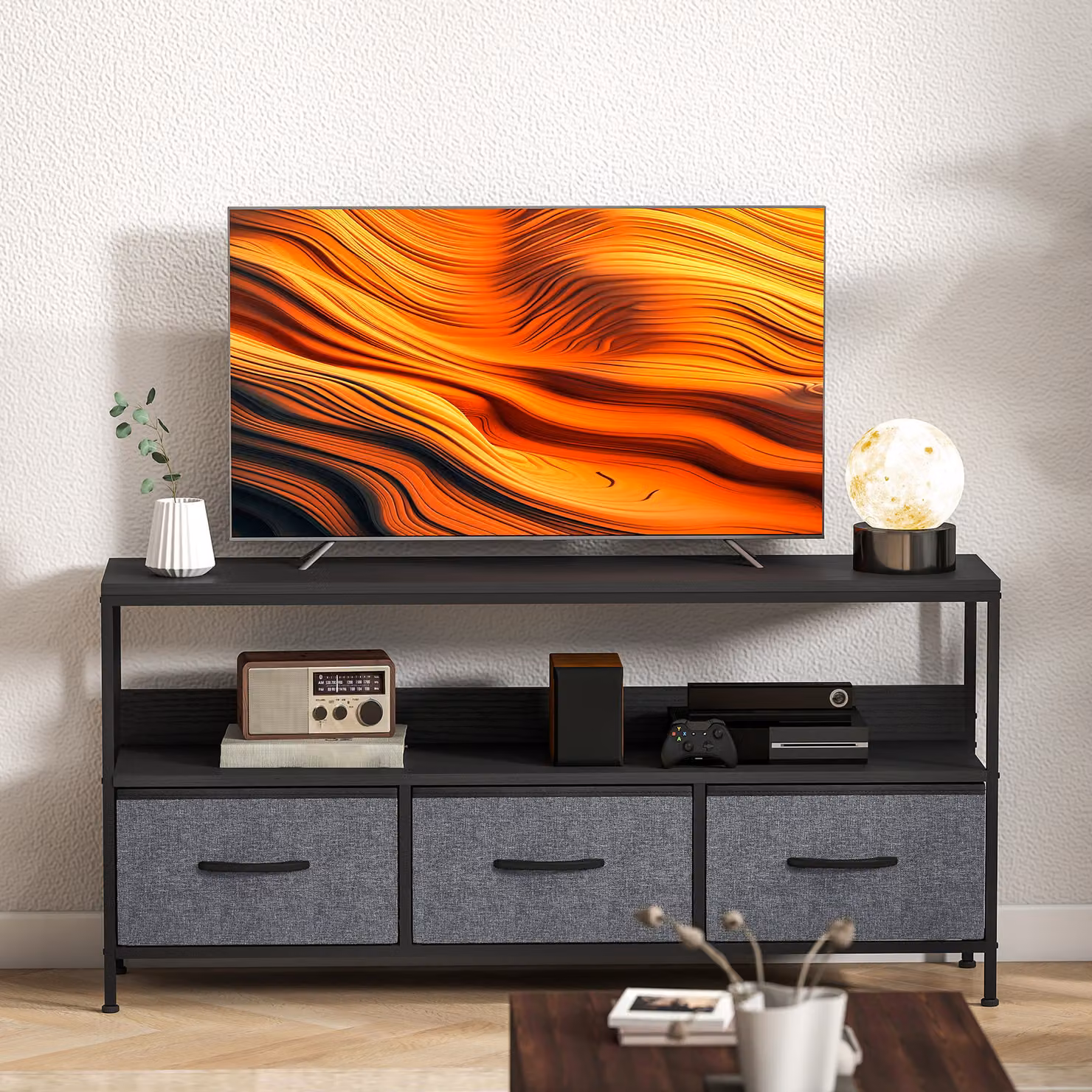 HOMCOM Modern Black TV Stand Cabinet with 3 Foldable Drawers and Metal Media Compartments – 8
