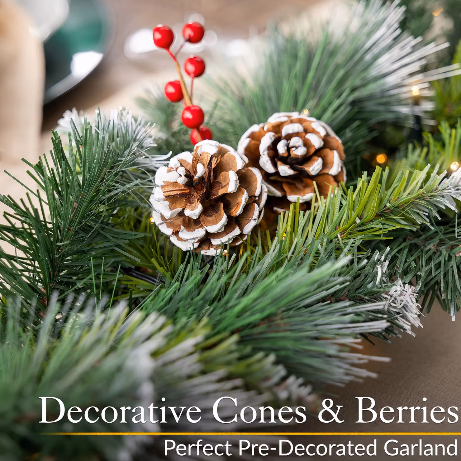 Christow Christmas Garland Hanging Decoration with Frosted Cones and Berries in Green and Red, Length: 180 cm – 4