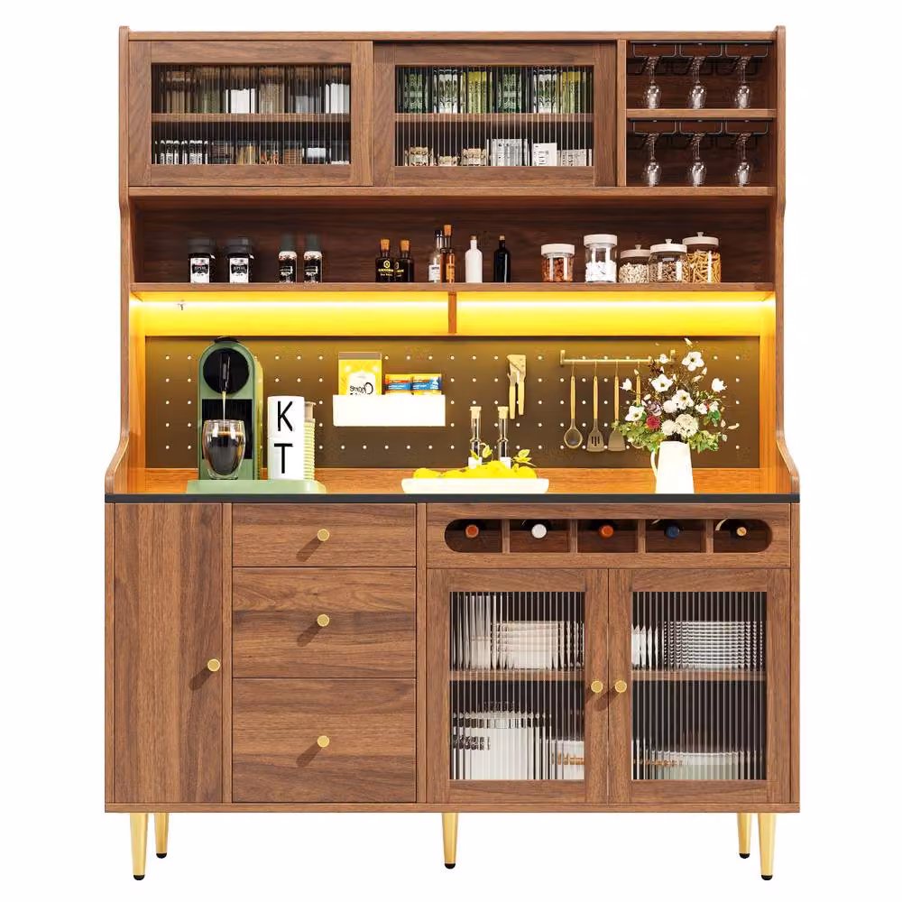 ModernLuxe Minimalist Kitchen Tall Unit with Glass Doors, Integrated Lighting and Internal Drawers, Brown, H 188 x W 40 x D 40 cm – 5