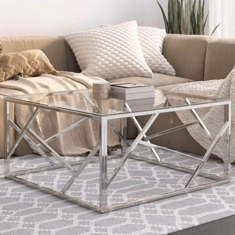 Berkfield Home Modern Rectangular Coffee Table in Silver Stainless Steel and Tempered Glass – 2