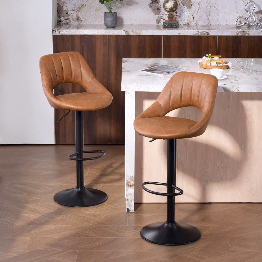 STILVORA Set of 2 Brown Faux Leather Swivel Bar Stools with Backrest and Footrest – 2