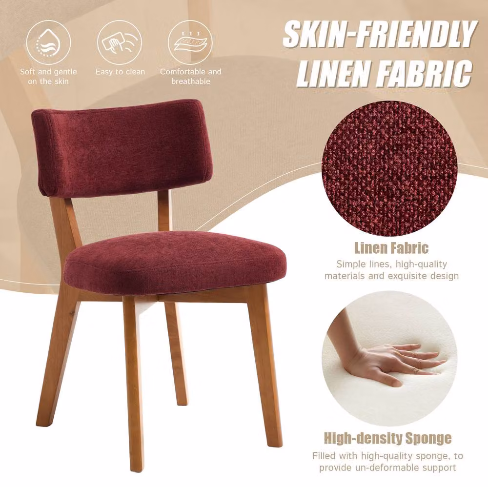 STILVORA Mid-Century Dining Chair with Solid Wood Frame and Red Linen Upholstery – 5