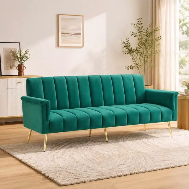 STILVORA 2-Seater Green Velvet Click Clack Sofa Bed with Adjustable Headrest, W/D/H: 197 x 94 x 75 cm – 1
