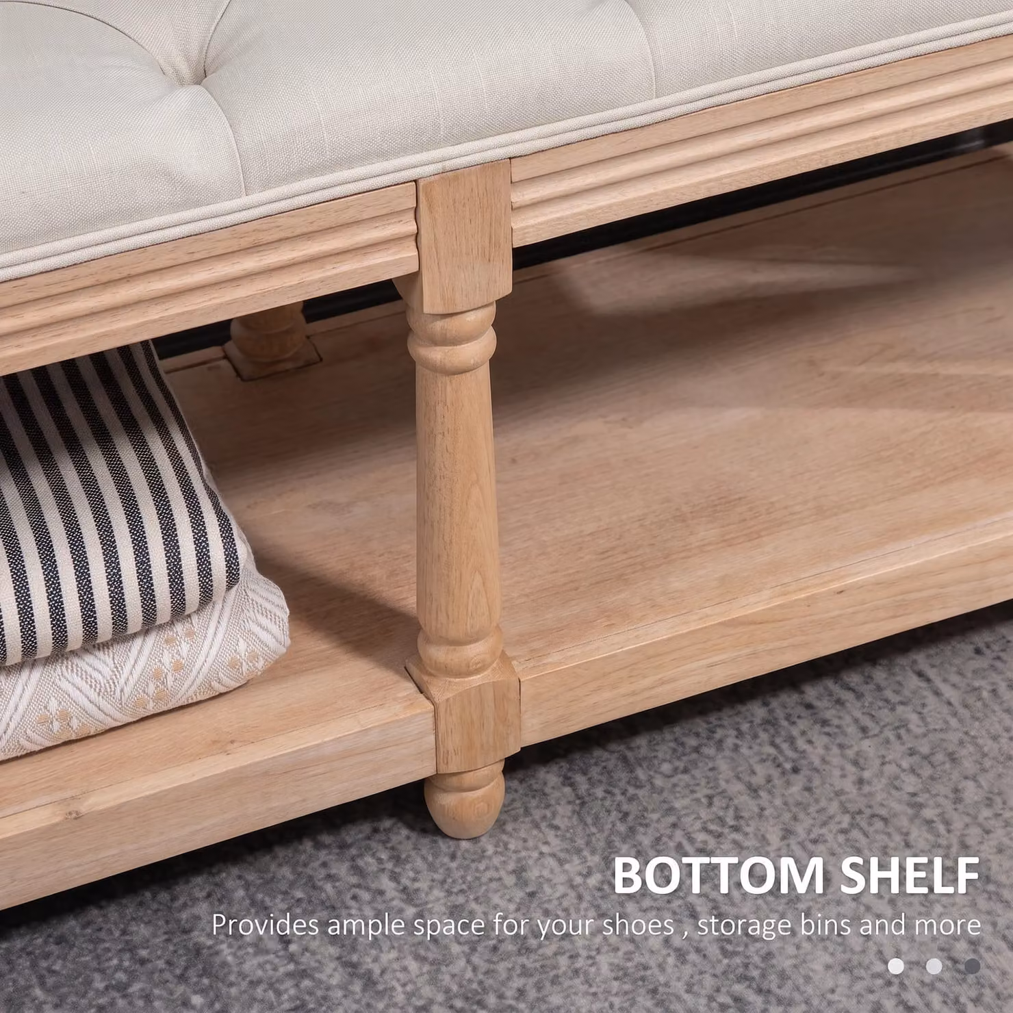 HOMCOM 2 Tier Fabric Shoe Rack Bench with Tufted Seat in Beige and White – 6