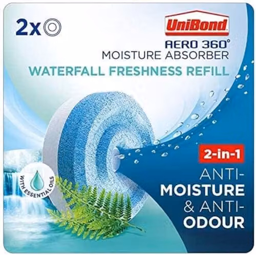 UniBond Aero 360 Moisture Absorber Waterfall Freshness Refill Tabs, White, 2 x 450g