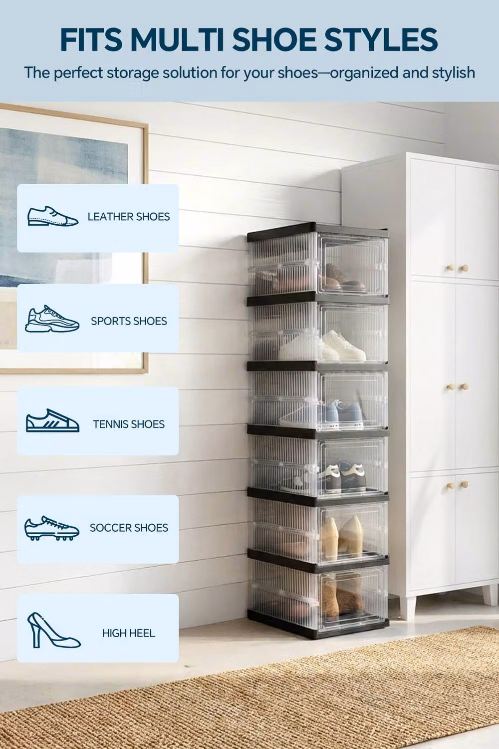 Living and Home 6-Tier Foldable Shoe Cabinet in Black with Transparent Tilting Compartments – 3