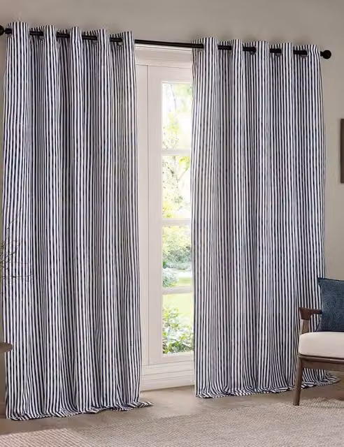 YARD Hebden Striped Blackout Eyelet Curtains in Navy Blue Mix, W: 137 cm, H: 117 cm