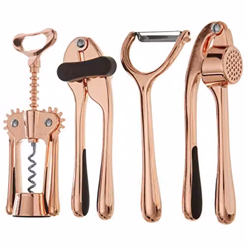 Orsina 5-Piece Gold and Black Kitchen Utensil Set with Black Block, Corkscrew, Can Opener, Garlic Press and Peeler – 2