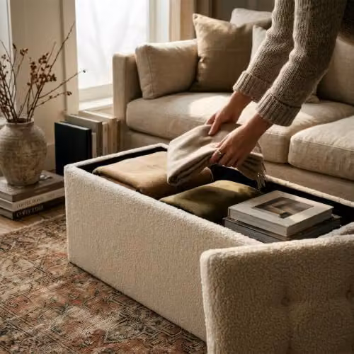 Harbour Housewares Foldable Storage Ottoman Bench in Beige Linen, W/D/H: 111 x 37 x 39 cm – 4