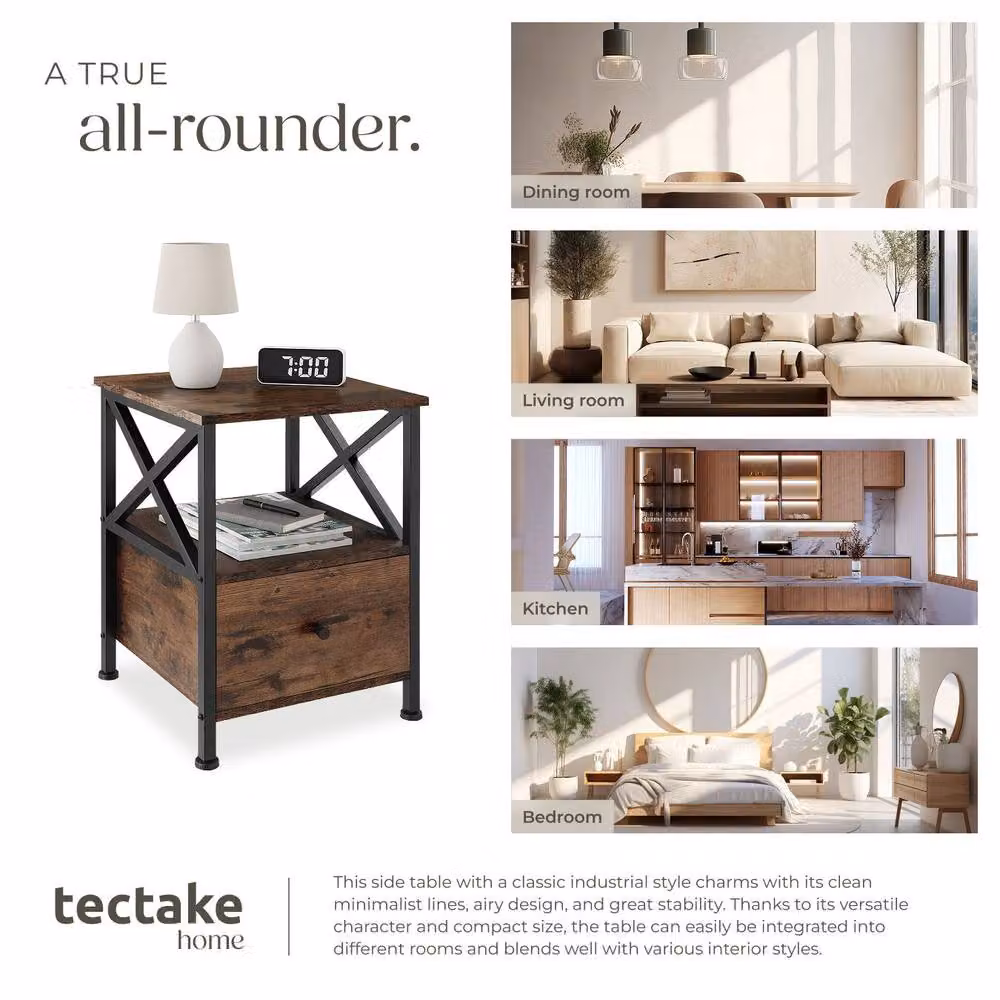 tectake Falkirk Bedside Table with 2 Shelves and 1 Drawer in Brown – 7