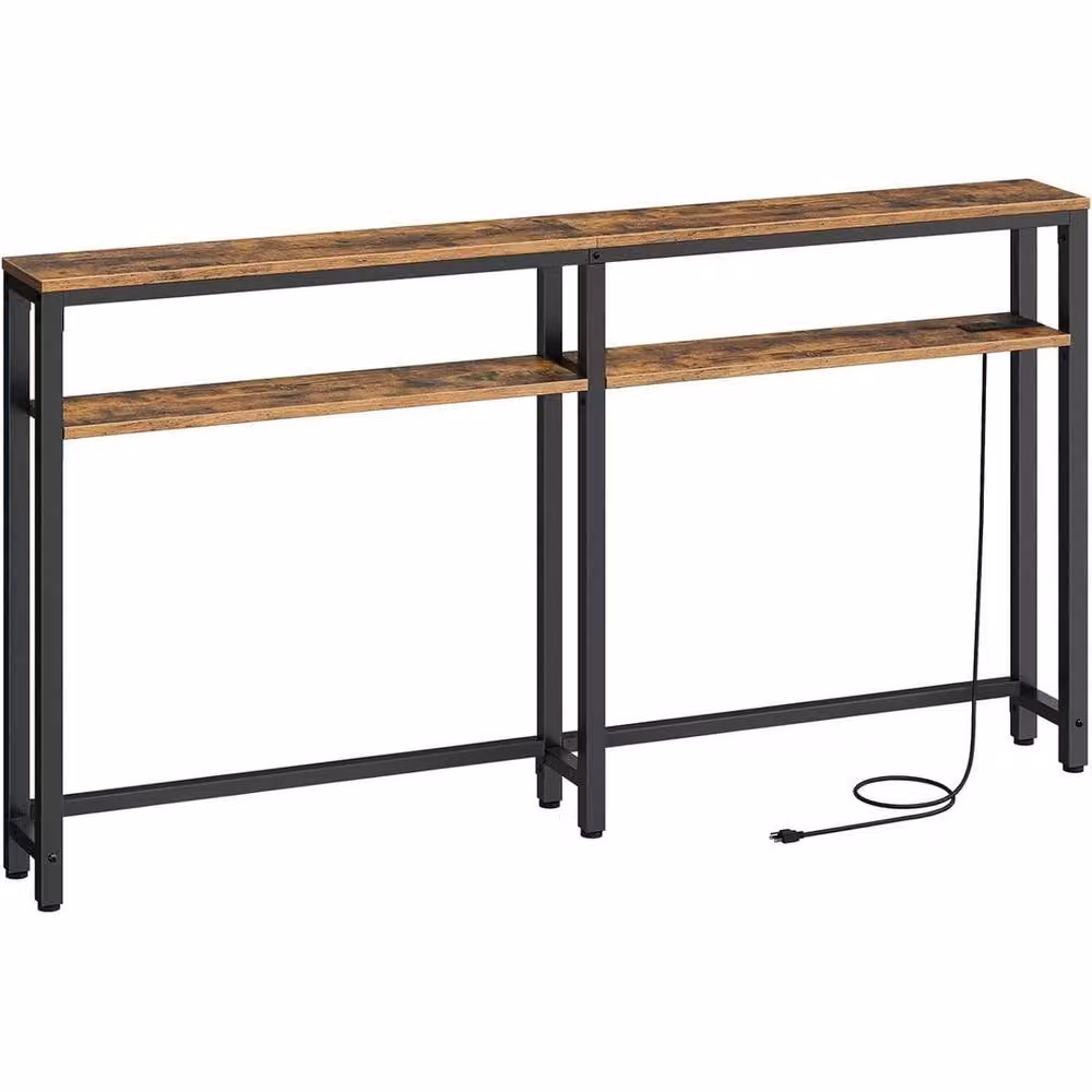 FLAVORA Industrial Wood Console Table with Charging Station in Brown, W/D/H: 180 x 15 x 100 cm – 2