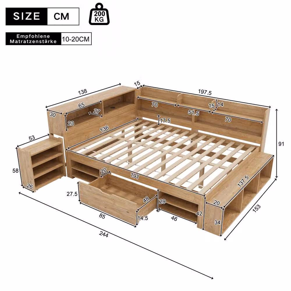 STILVORA Double Bed Frame with Storage Drawers in Light Oak Effect, W: 140 cm, L: 200 cm – 3