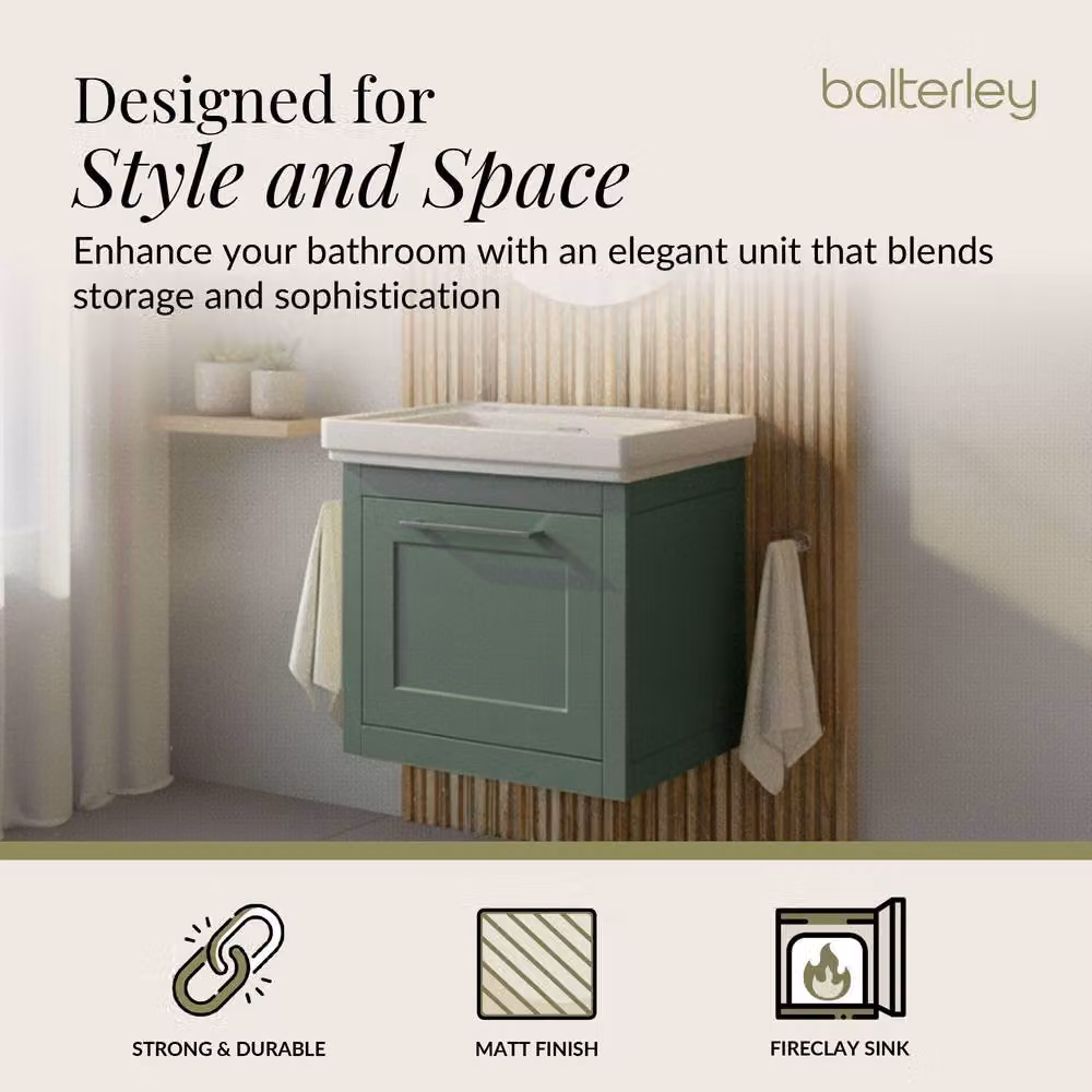 Balterley Wall Hung 1 Drawer Vanity Unit and 0TH Fireclay Basin, Green, Width: 50 cm – 2