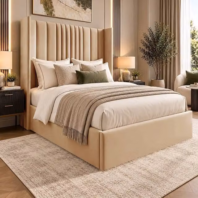 Desire Deco Adeline Plush Velvet Wingback Ottoman Storage Bed Frame in Beige, Super King, W/D/H: 200 x 200 cm – 1