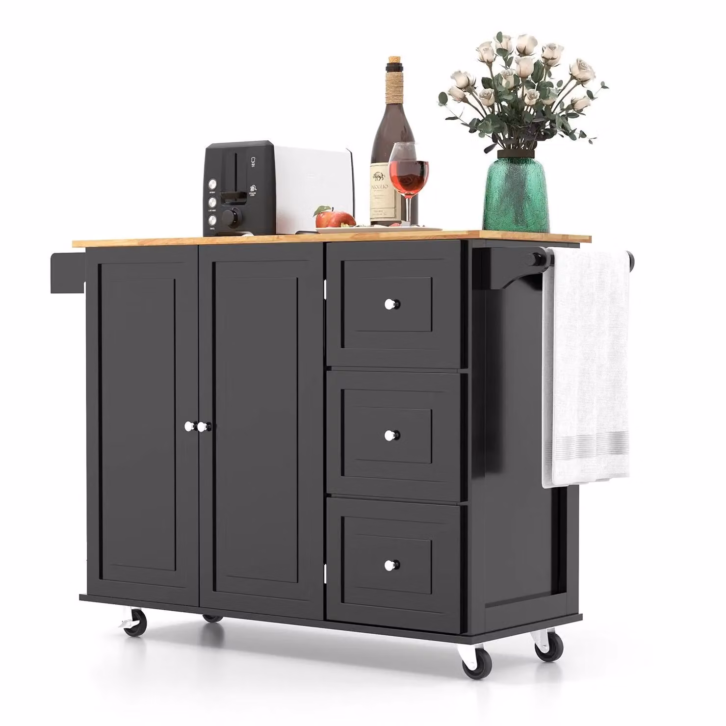 Costway Kitchen Storage Trolley Cart with 3 Drawers and Shelves in Black Matt Wood – 3