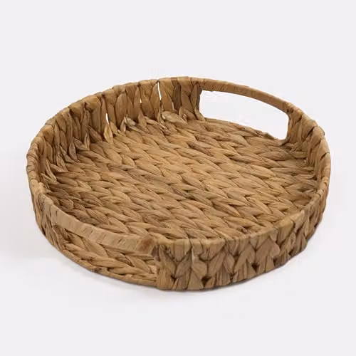 OHS Round Seagrass Wicker Serving Tray with Handles in Beige and Sand, Diameter: 32 cm, Height: 6 cm – 1