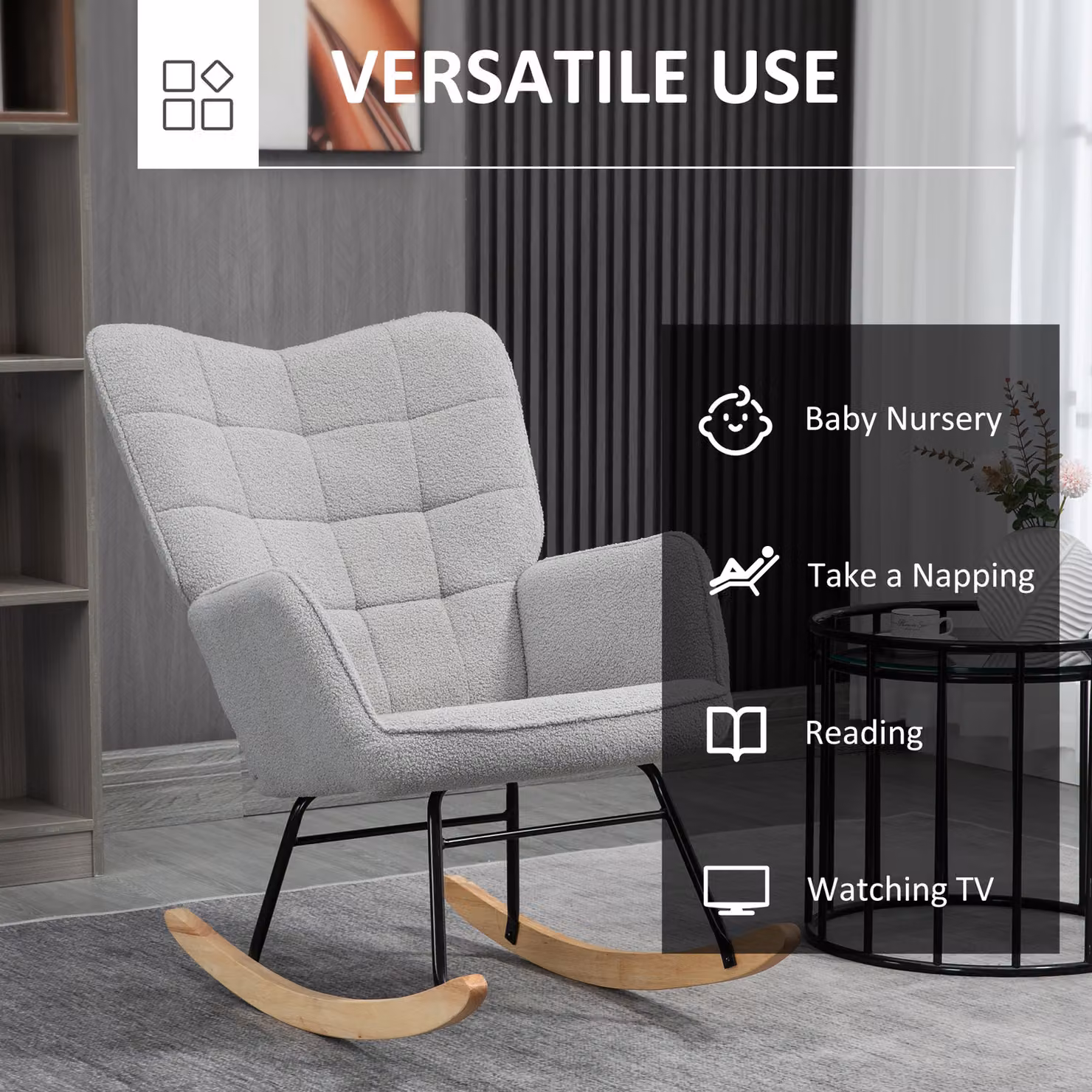 HOMCOM Berber Fleece Nursery Glider Rocker and Wingback Rocking Chair in Light Grey – 4