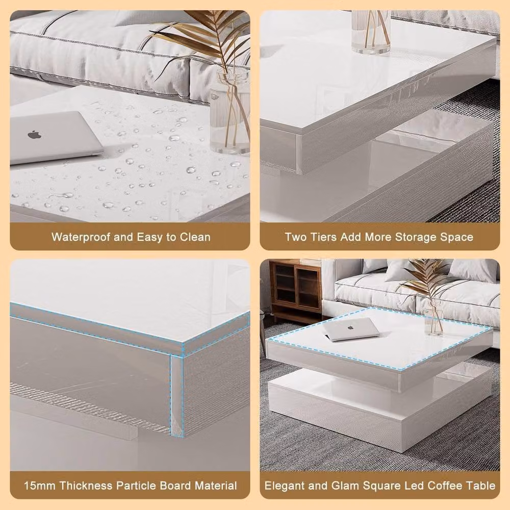KEEPREAPER 2-Tier Square LED Coffee Table with Storage in White Glossy Finish – 6