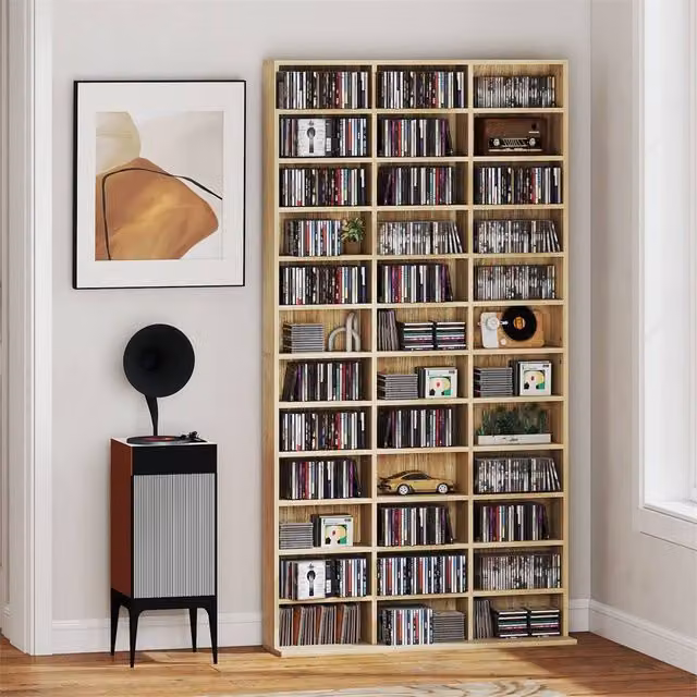 EONLION Modern Oak Tone Storage Shelf in Brown with Adjustable Shelves and Media Compartments – 1