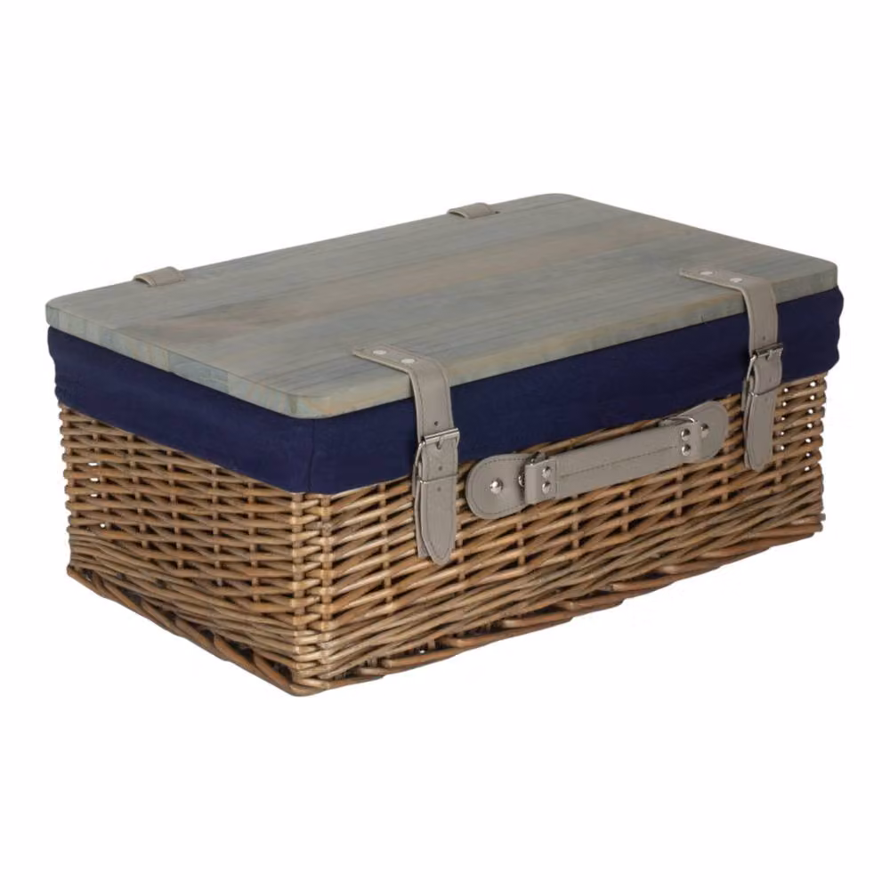 Red Hamper Antique Wash Willow Empty Picnic Basket with Pinewood Lid and Navy Lining, Small – 2