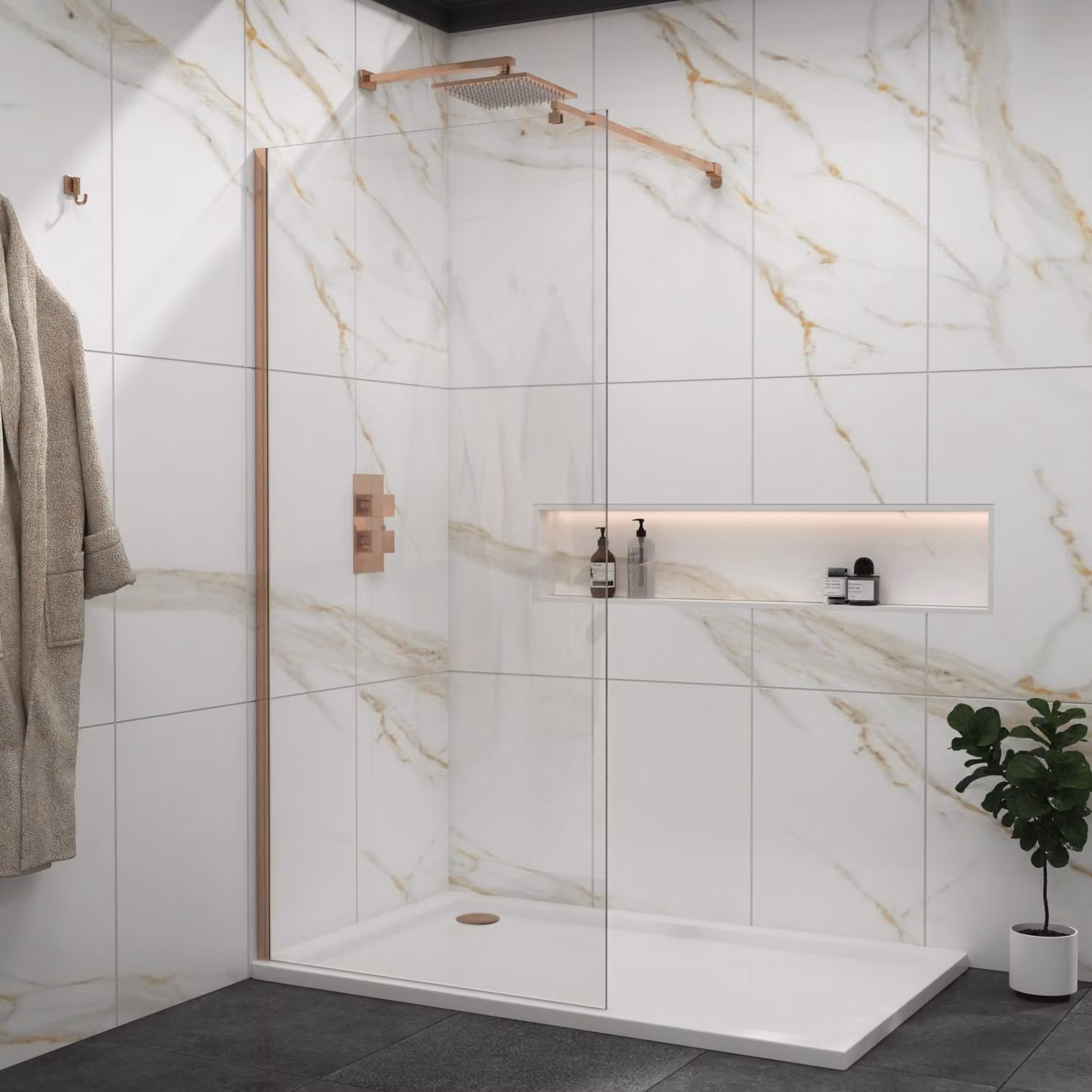 Royal Bathrooms Marbella Walk In Wet Room Shower Screen, Brushed Bronze, W: 100 cm, H: 185 cm, 8mm Easy Clean Glass