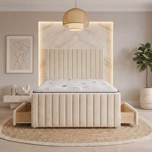 Somnior Eleanor Velvet Divan Bed with 4 Drawers and Hybrid Mattress in Ivory, Super King, W/D/H: 200 x 162.56 x 25 cm