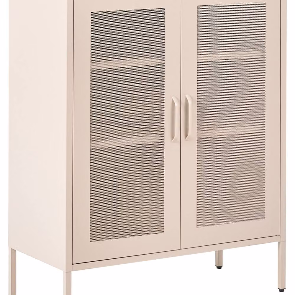 Wyld and Coco Industrial Wall Mounted Office Cabinet in Matt Beige Metal with 2 Glass Hinged Doors and Adjustable Internal Shelves – 2
