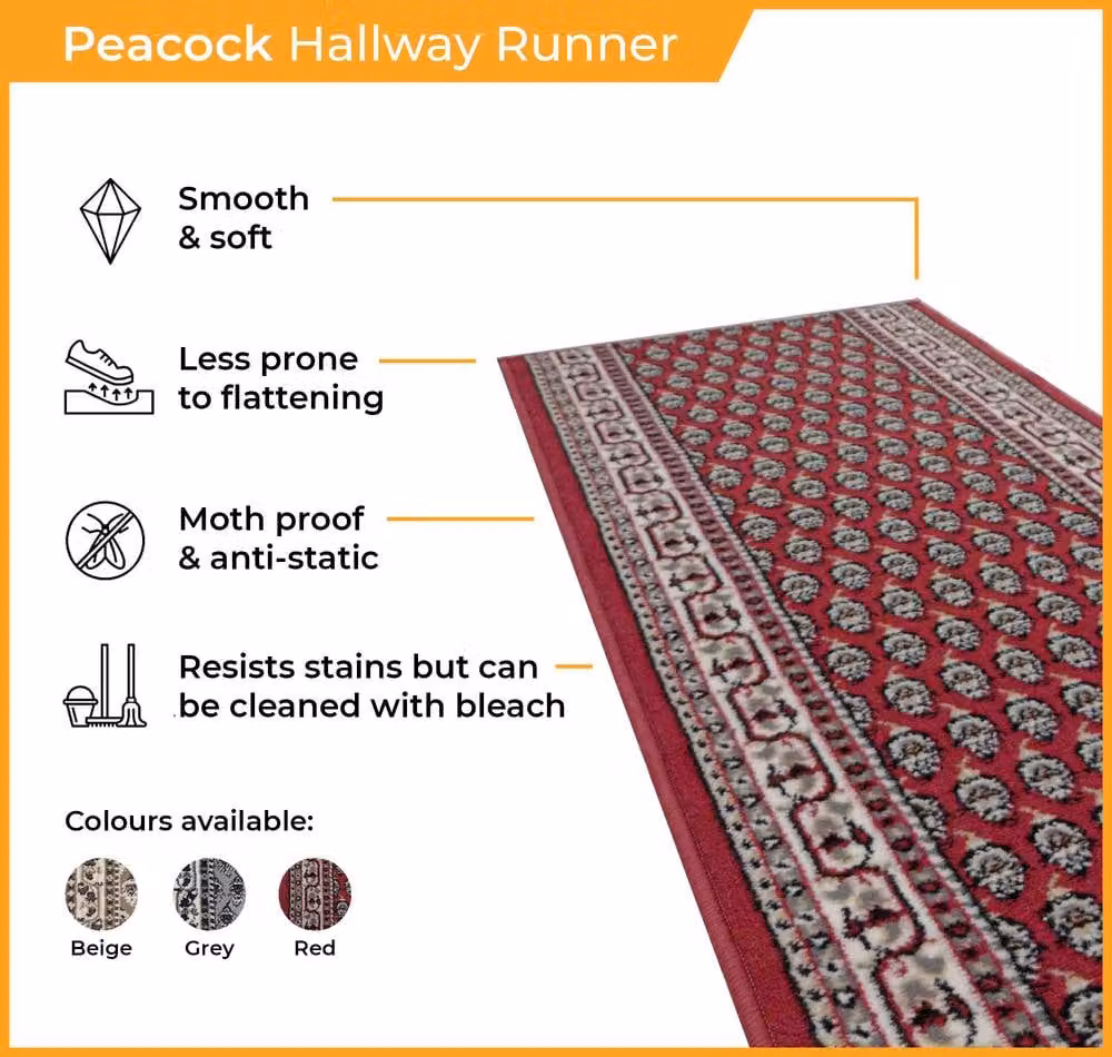 runrug Peacock Hallway Carpet Runner Rug in Grey, W/D/H: 60 x 180 cm, 9mm Pile Height – 2