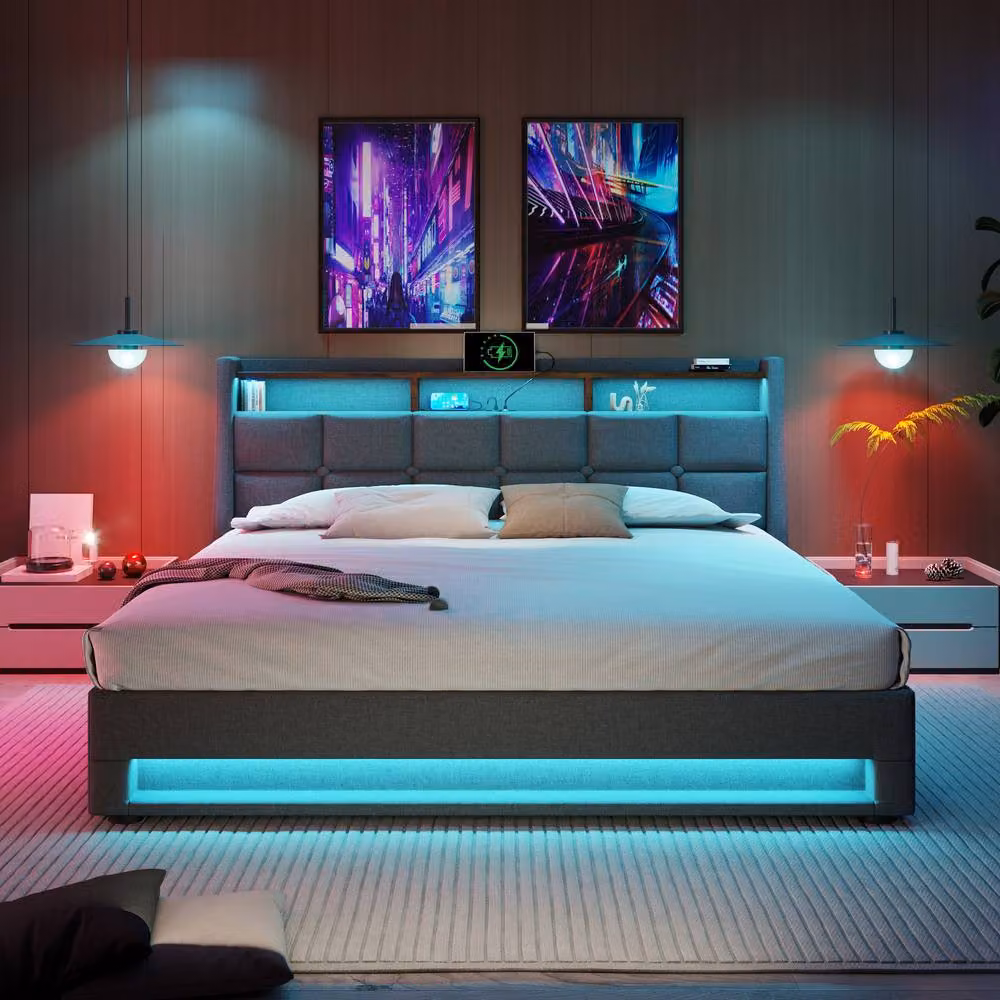 BTM Grey Upholstered King Size Bed with LED and USB Charging Headboard, W/D/H: 150 x 200 x 155 cm – 5