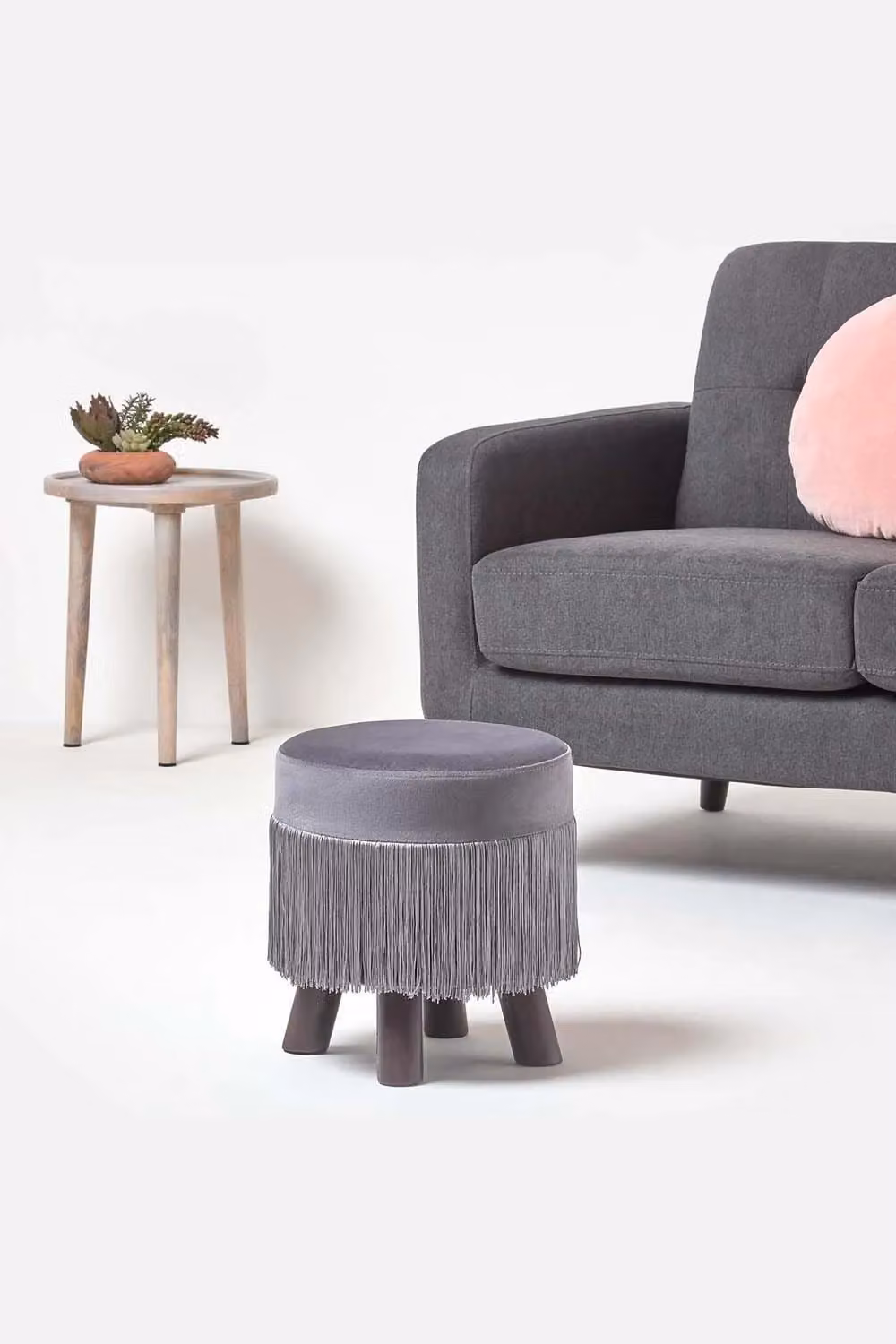 Homescapes Warwick Grey Velvet Footstool with Cylindrical Wood Legs W/D/H: 35 x 35 x 32 cm – 2