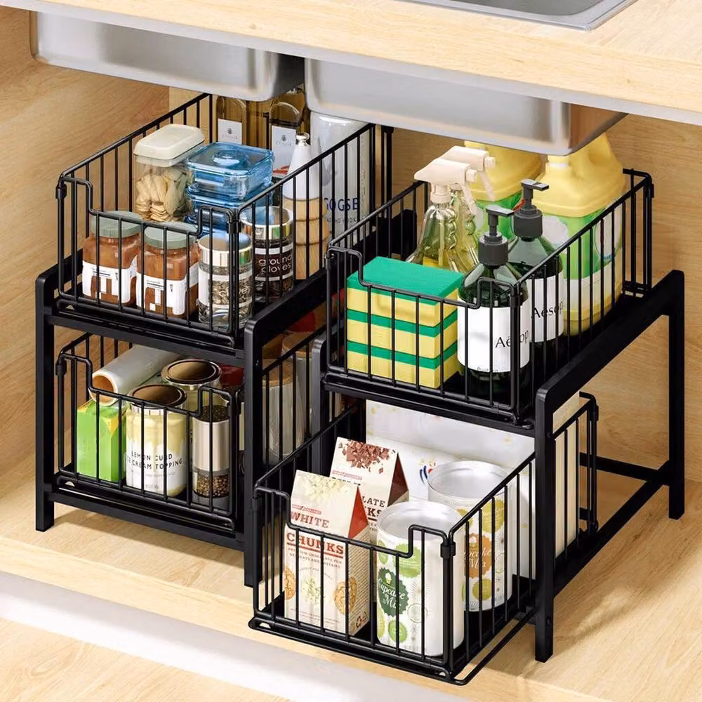 KORVIXA Black 2-Tier Metal Under Sink Organizer Shelf for Kitchen and Bathroom, W: 50 cm – 4