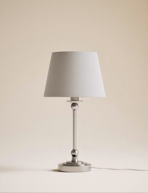 M&S Blair Classic Table Lamp in Grey Mix with Silver Metal Base and Fabric Cone Shade