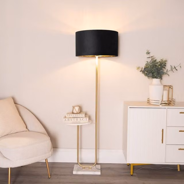 ValueLights Tavel Gold Floor Lamp with Black Velvet Drum Shade and Gold Inner Shade including Bulb – 1