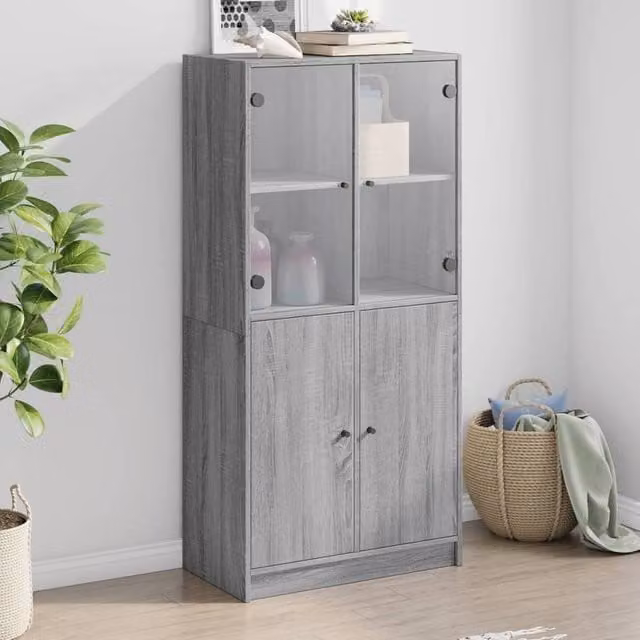 Berkfield Home Modern Highboard with Glass Doors in Grey and Black, W/D/H: 68 x 37 x 142 cm