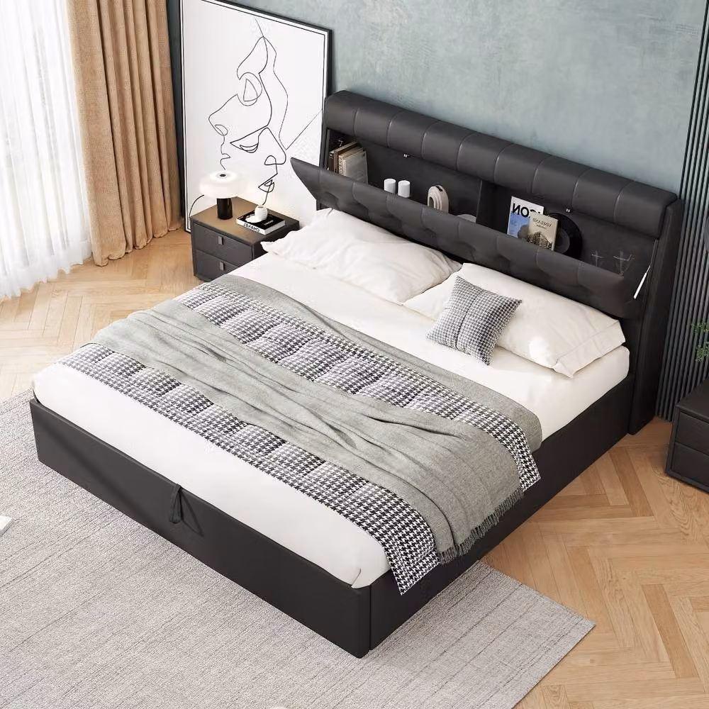 Rolipo Black PU Upholstered Hydraulic Storage Bed with Lift Up Base, W/D/H: 150 x 200 cm – 5