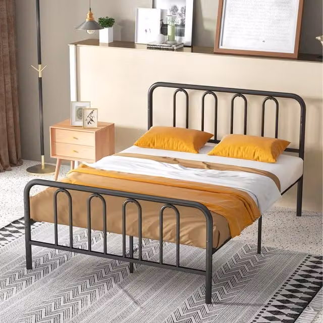 COSTWAY Double Size Metal Slat Support Bed Base with Rigid Metal Frame in Black
