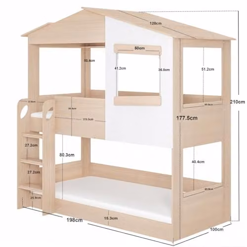 Flair Furnishings Dreamland House Bunk Bed in Oak and White, Solid Wood, H 210 x W 90 x D 200 cm – 2