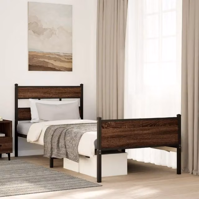 Berkfield Home Small Single Bed Frame in Brown Oak Engineered Wood and Metal – 1