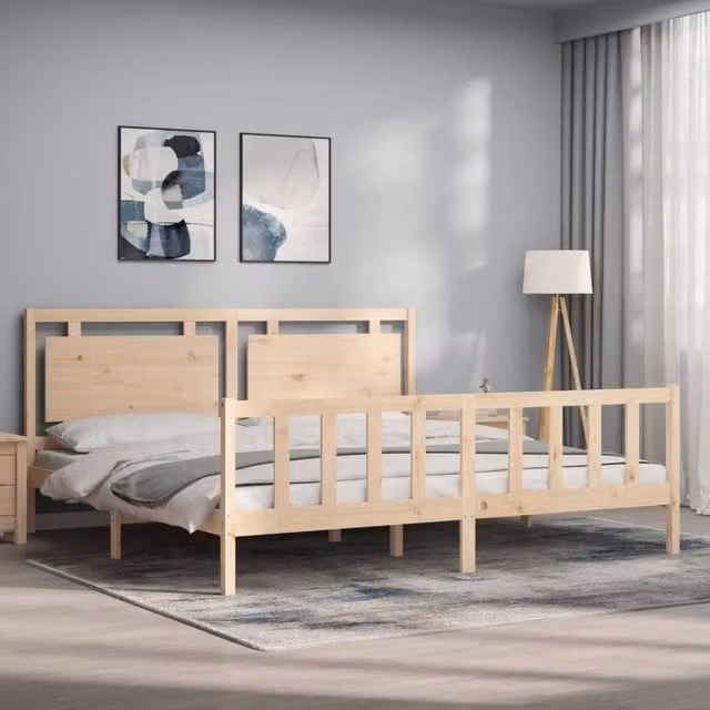 Berkfield Home Beautiful Bed Frame with Headboard in Natural Solid Pine, W/D/H: 200 x 200 x 100 cm – 1