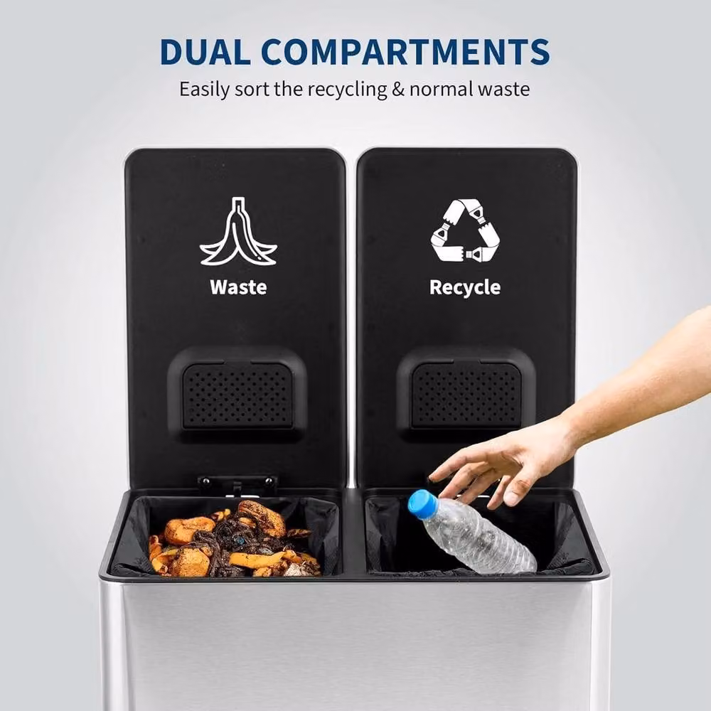 VOGREX Dual Stainless Steel Step-In Trash Can, 2 x 15L, Metallic Silver – 4