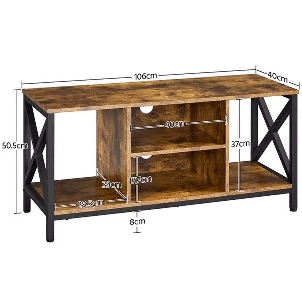 EONLION Industrial TV Cabinet with X-Shape Design and Storage Shelves in Brown and Black – 2