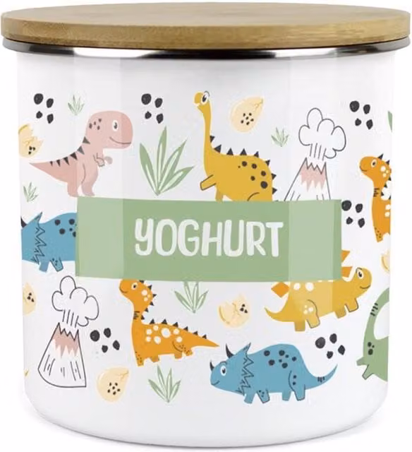 Purely Home Cartoon Dinosaurs Childrens Mini Snack Pot for Yoghurt in Green and Multicolour Enamel Metal
