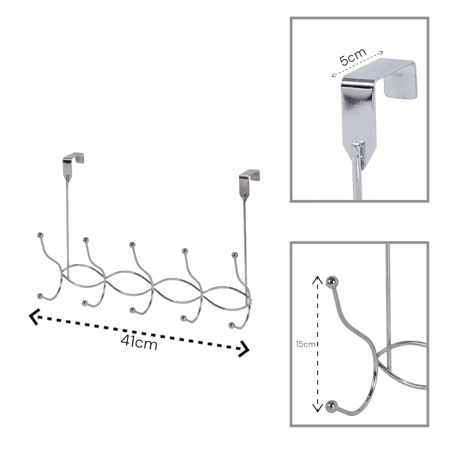 Showerdrape Waves Set of 2 Black Metal Over Door Storage Hooks in Metallic Silver