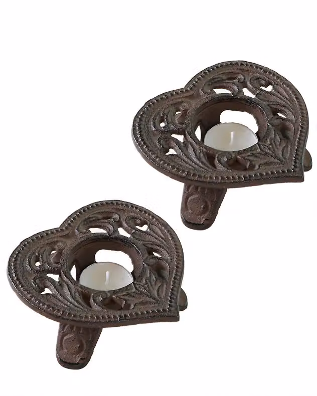 Dibor Set of 2 Black Cast Iron Heart Tealight Candle Holders for Tabletop Decor, Height: 13 cm – 2