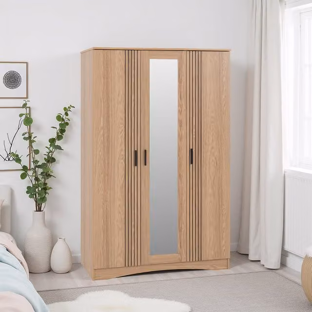 Seconique Modern Brown Wood Wardrobe with Mirrored Hinged Doors