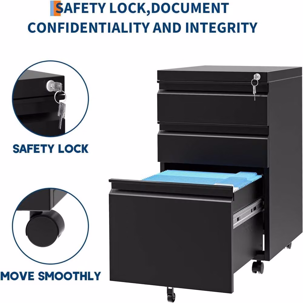 London Boutique Mobile Office Filing Cabinet with 3 Lockable Drawers in Black – 8